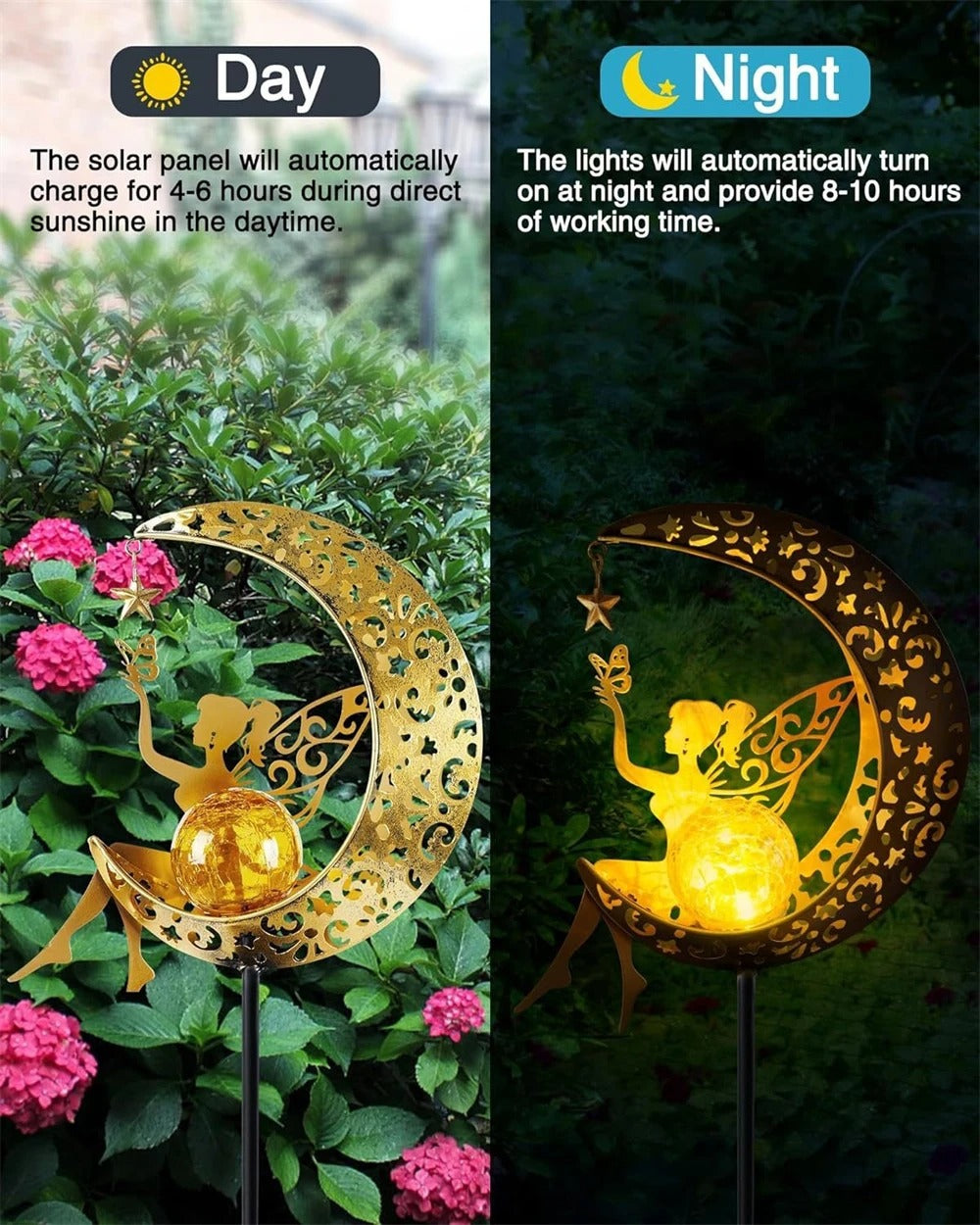 Metal Solar Garden Decorative Lights - Fairy & Moon Sculpture - Outdoor Waterproof LED Stake Lamp