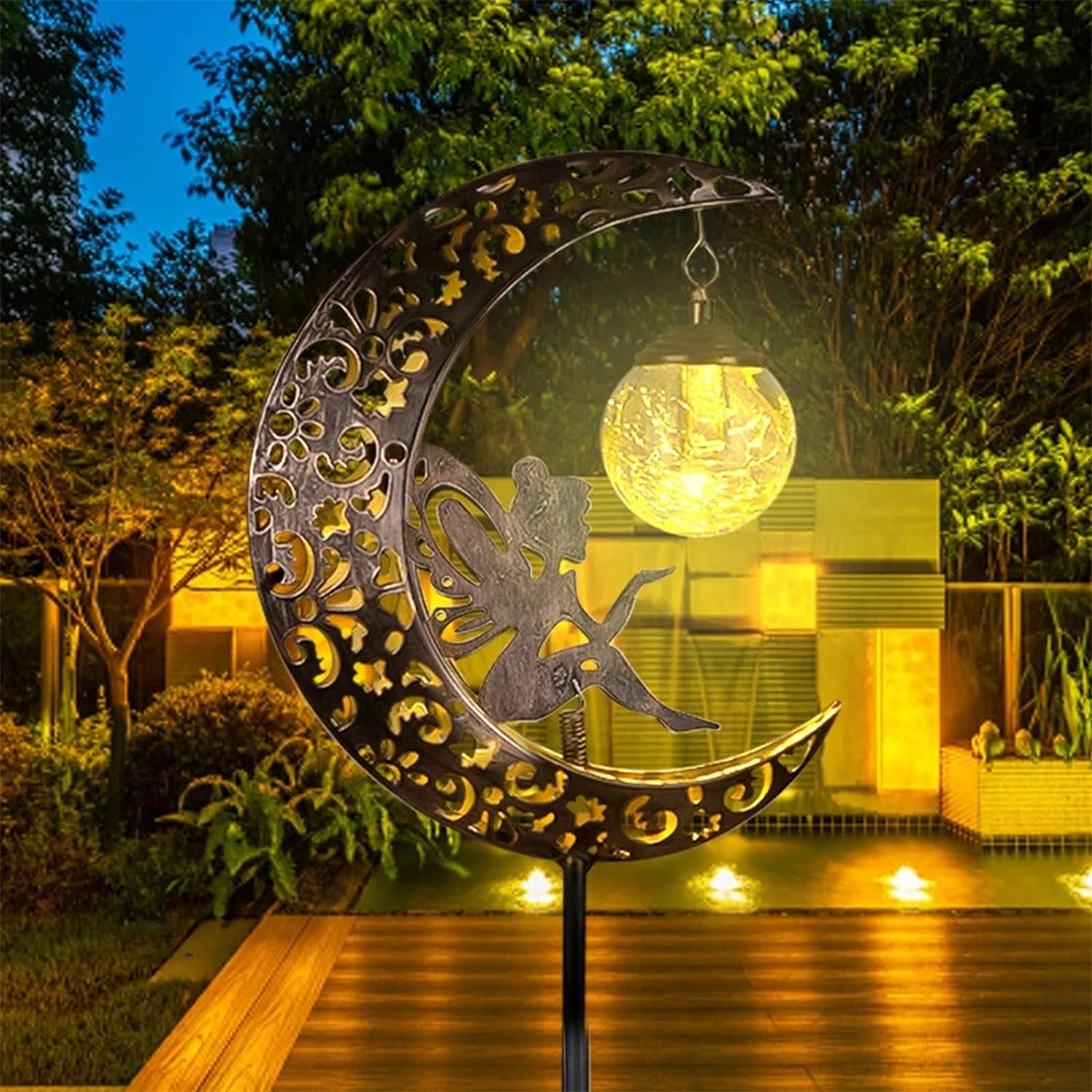 Metal Solar Garden Decorative Lights - Fairy & Moon Sculpture - Outdoor Waterproof LED Stake Lamp