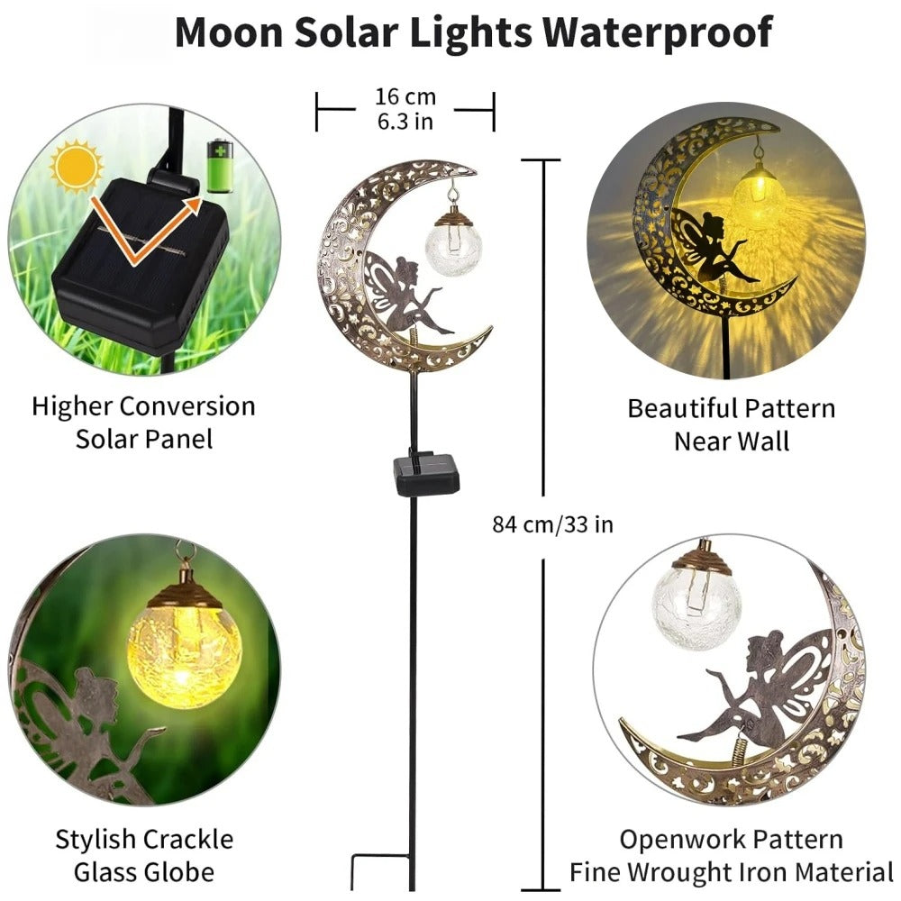 Metal Solar Garden Decorative Lights - Fairy & Moon Sculpture - Outdoor Waterproof LED Stake Lamp