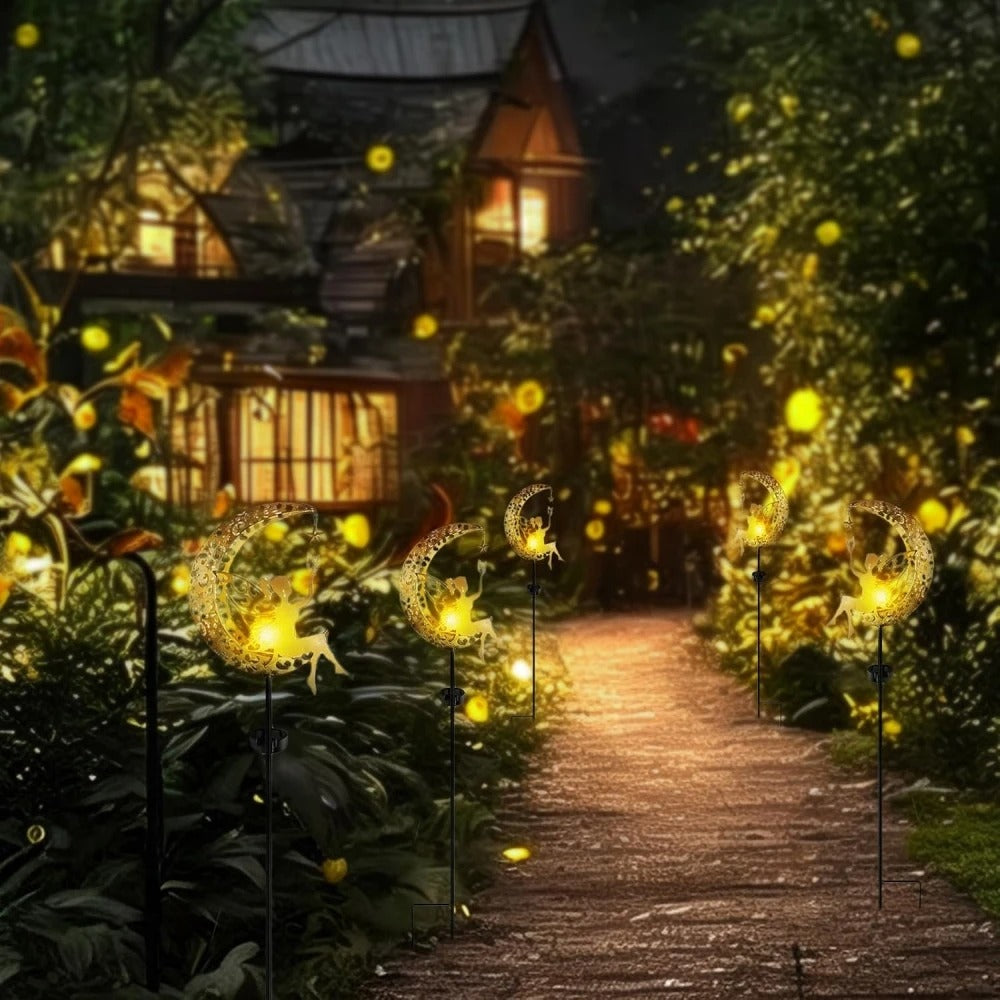 Metal Solar Garden Decorative Lights - Fairy & Moon Sculpture - Outdoor Waterproof LED Stake Lamp