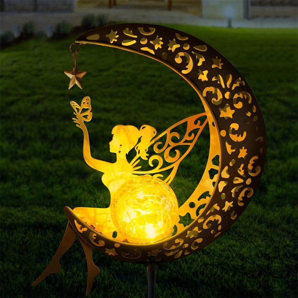 Metal Solar Garden Decorative Lights - Fairy & Moon Sculpture - Outdoor Waterproof LED Stake Lamp