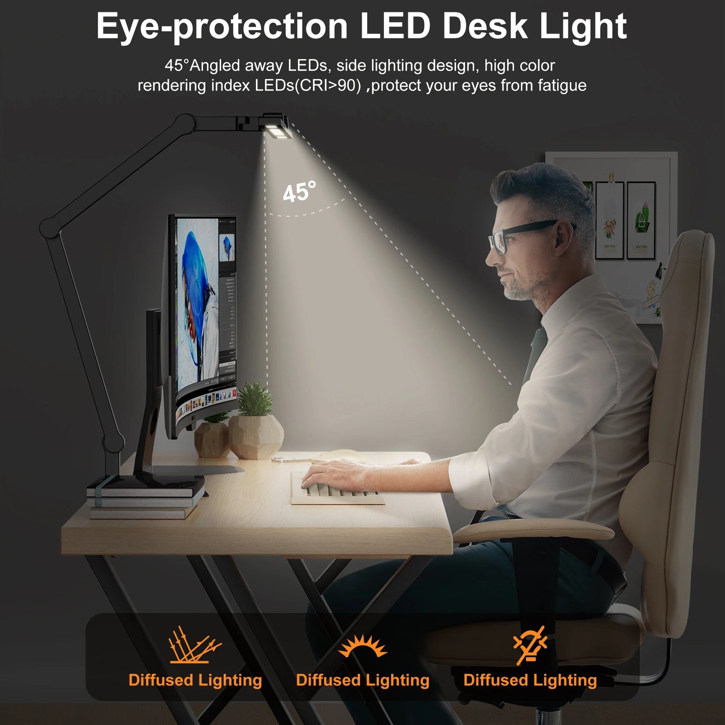 Modern Aluminum Architect LED Desk Lamp - Clamp Mount, 7 Articulated Joints, Auto Dimming for Multi-Monitor Setup