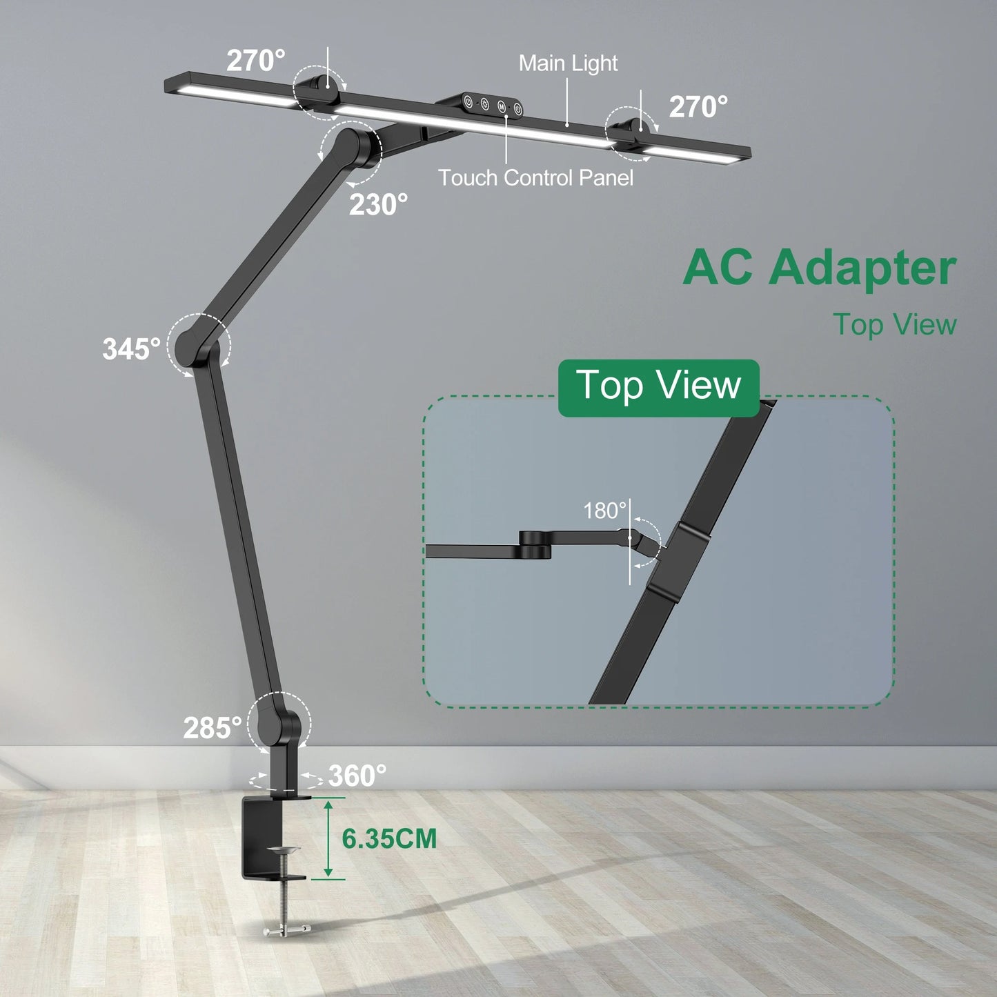Modern Aluminum Architect LED Desk Lamp - Clamp Mount, 7 Articulated Joints, Auto Dimming for Multi-Monitor Setup