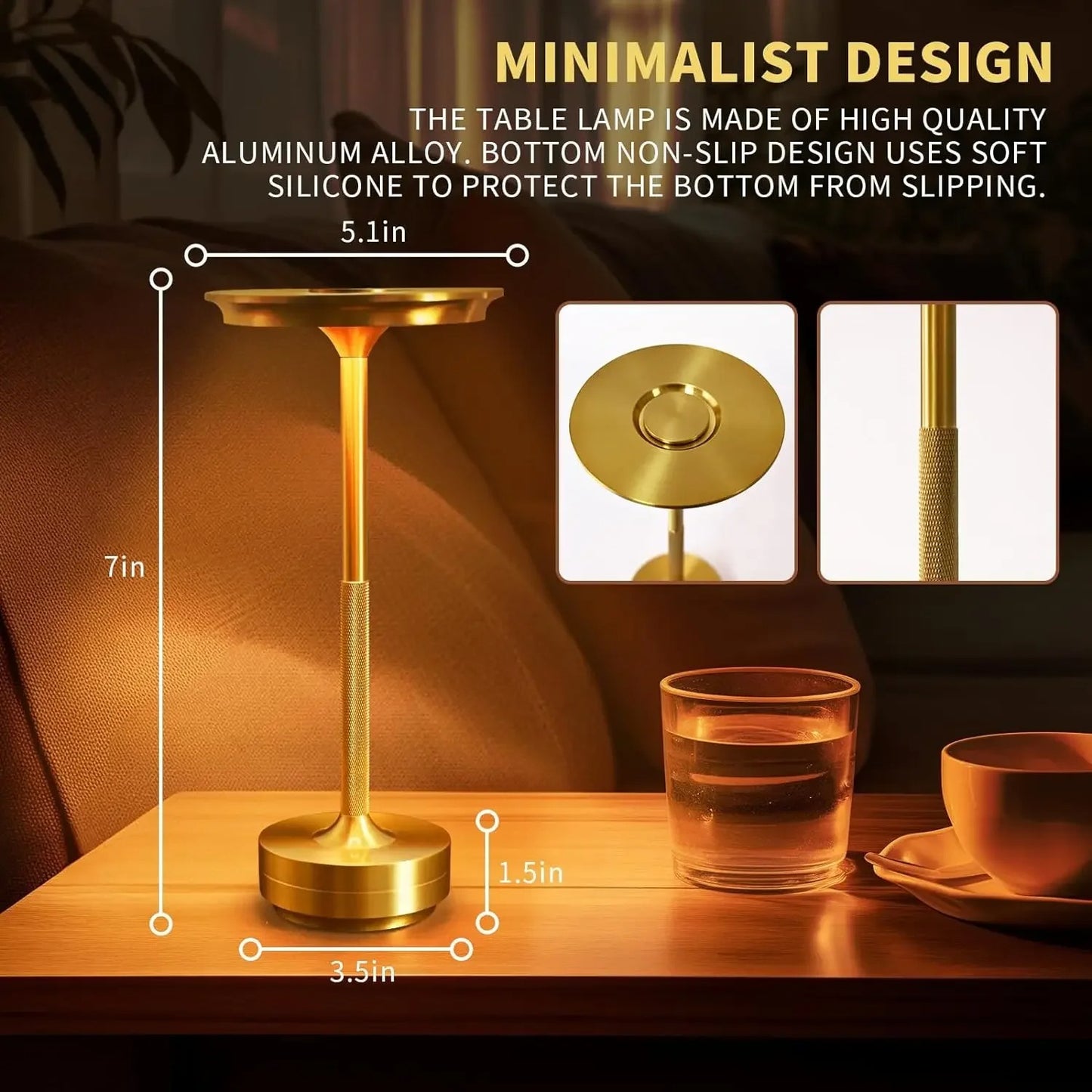 Modern Aluminum Touch Table Lamp, Dimmable Portable Rechargeable LED Night Light for Bedside