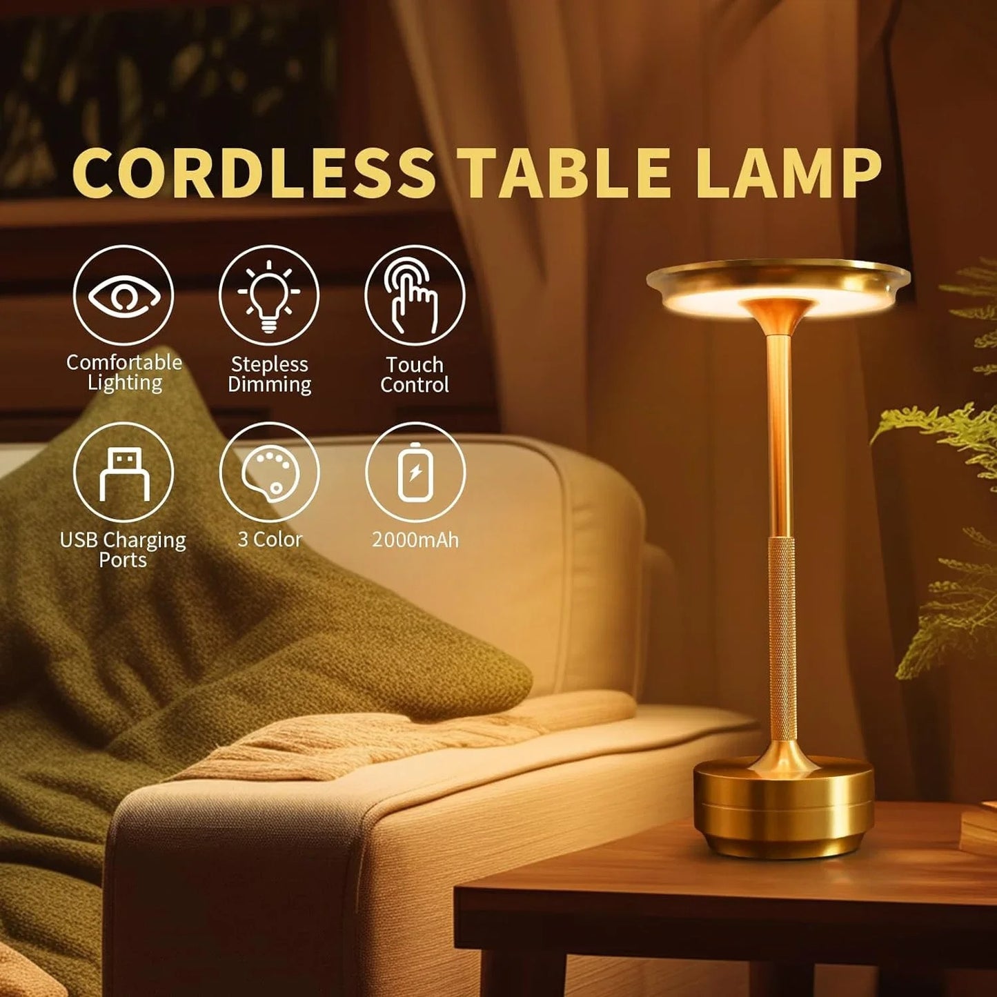 Modern Aluminum Touch Table Lamp, Dimmable Portable Rechargeable LED Night Light for Bedside