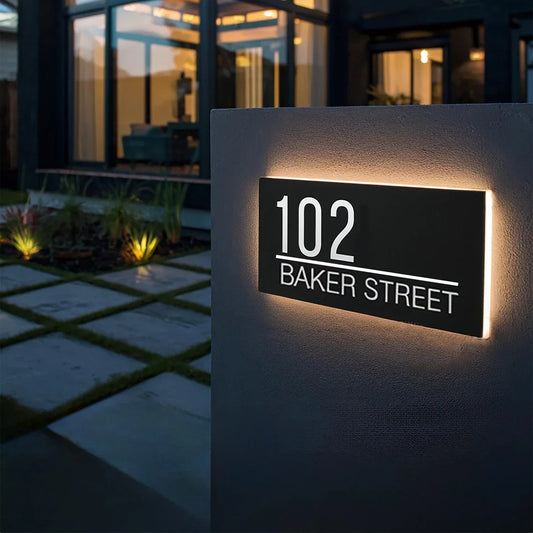 Modern Custom LED House Number & Address Sign - Stainless Steel Neon Backlight