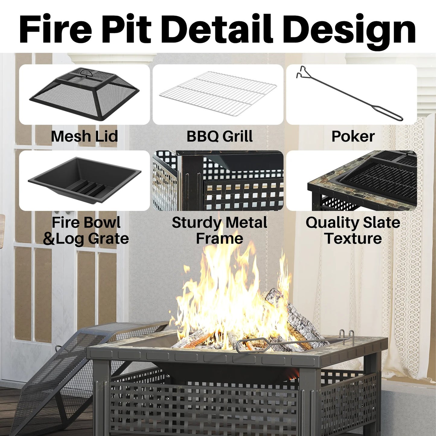 ModernLiving 30" Square Fire Pit with Mesh Lid & Poker