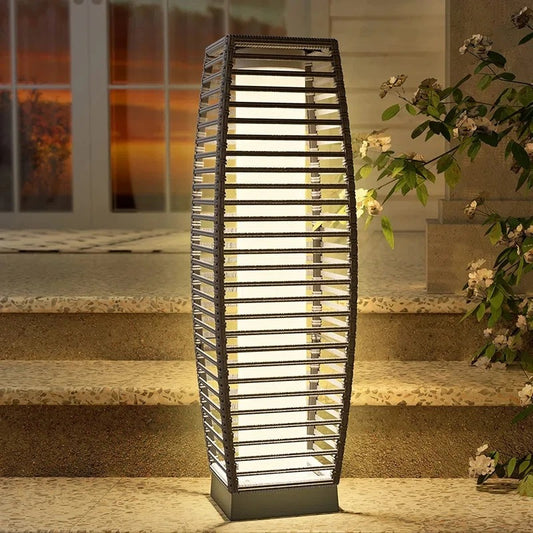 Modern Outdoor Solar Floor Lamp - Rattan Style Waterproof LED Light