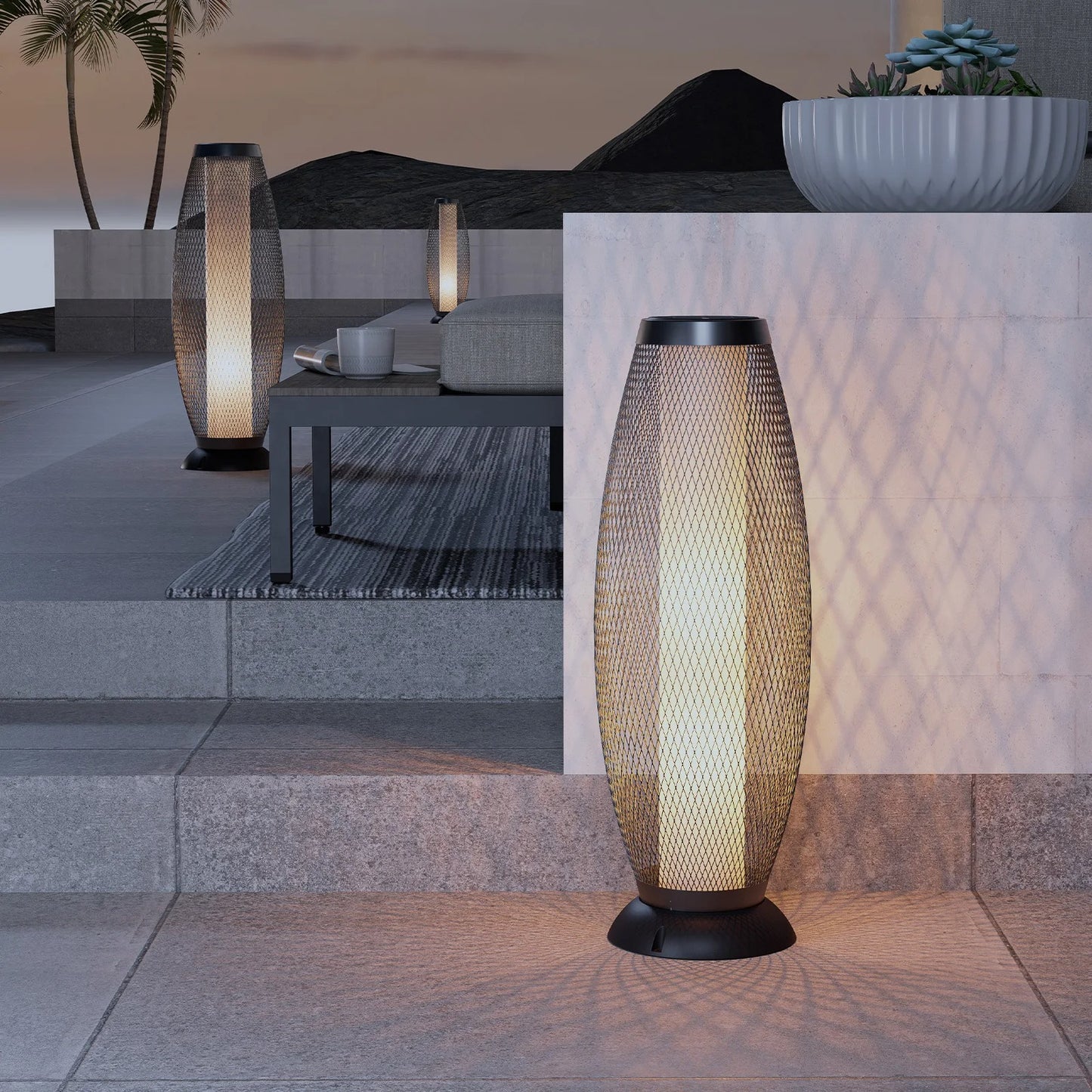 Modern Solar Floor Lamp, Metal Wire Shade, LED Modern Outdoor Flickering Lantern - Weather Resistant Garden Light