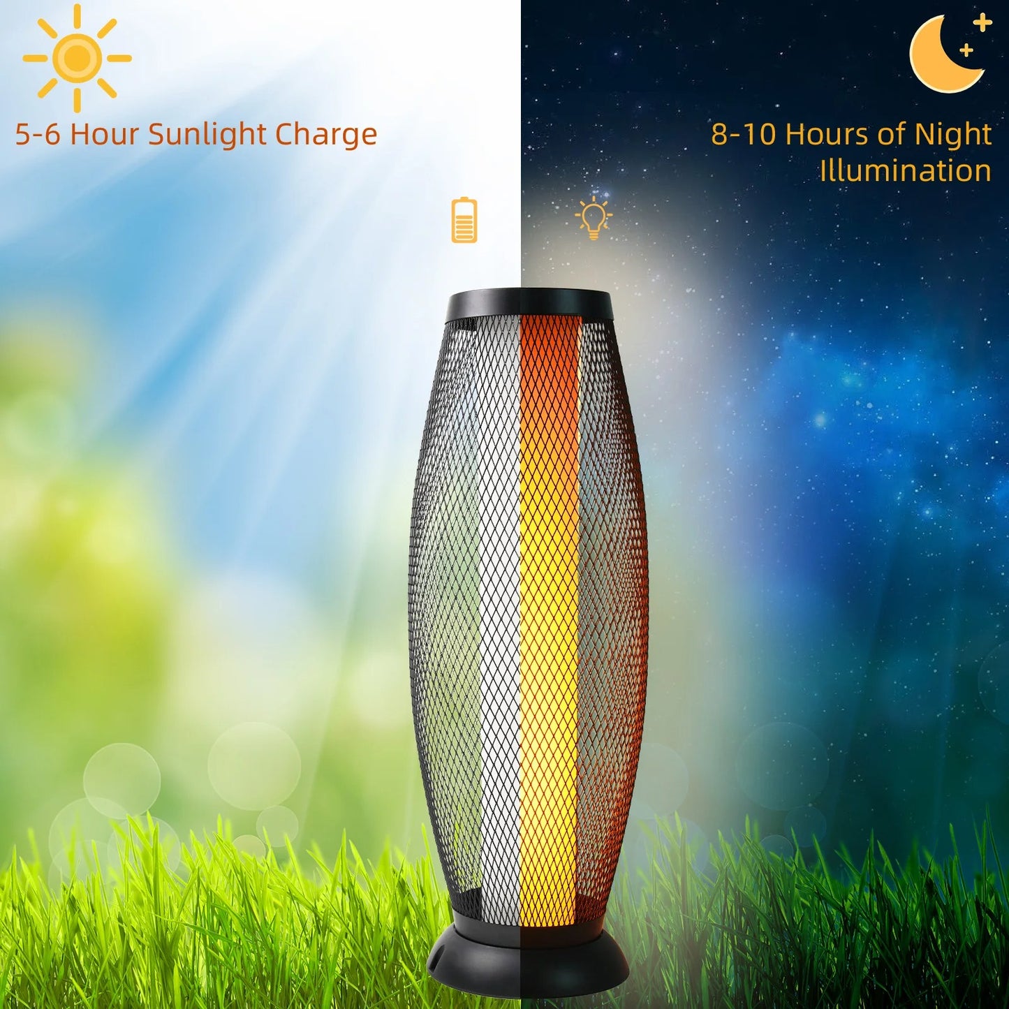 Modern Solar Floor Lamp, Metal Wire Shade, LED Modern Outdoor Flickering Lantern - Weather Resistant Garden Light