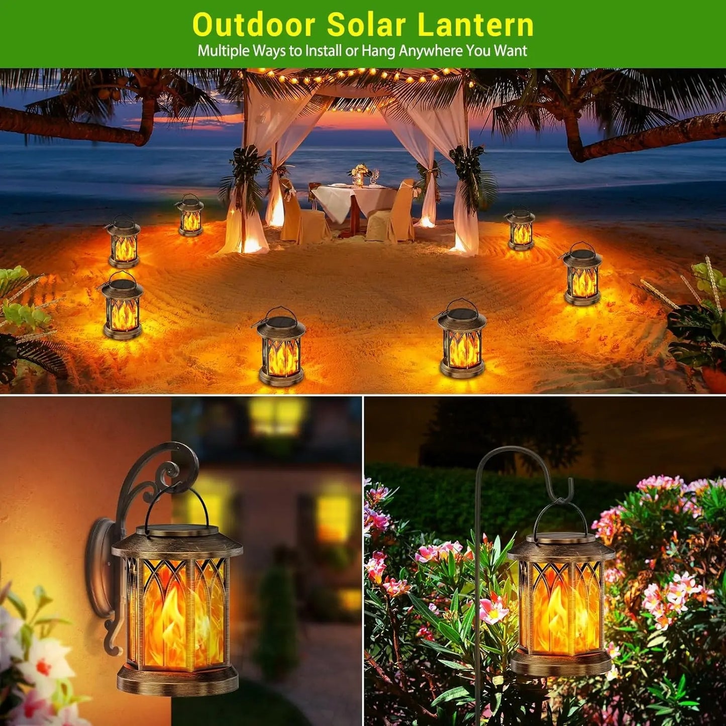 Outdoor Solar Lanterns Flickering Flame - Waterproof LED Hanging Garden Lights