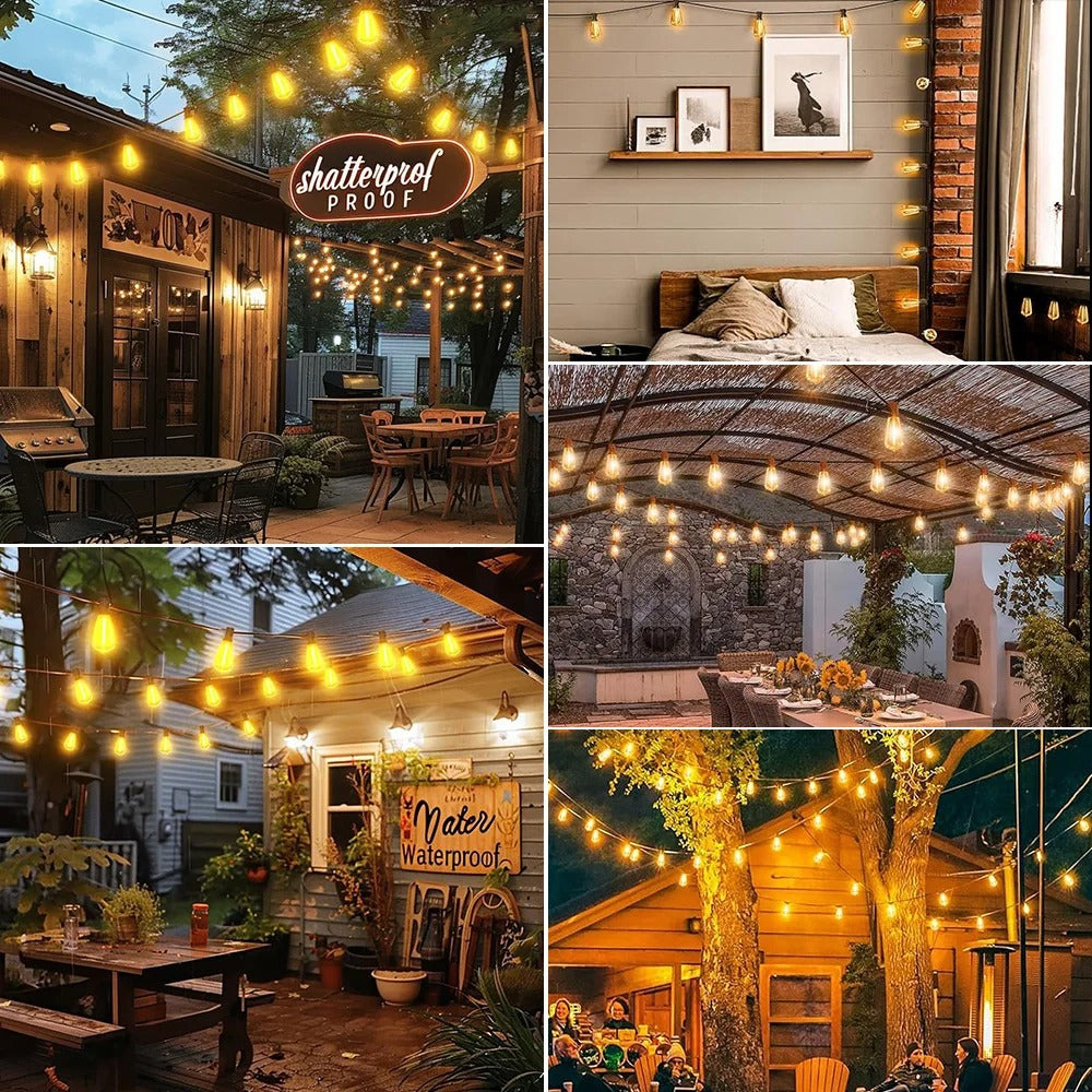 Outdoor Waterproof Solar String Lights with Shatterproof ST38 Bulbs