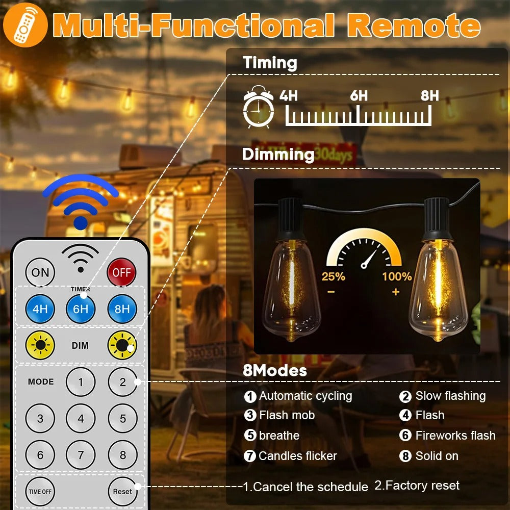 Outdoor Waterproof Solar String Lights with Shatterproof ST38 Bulbs