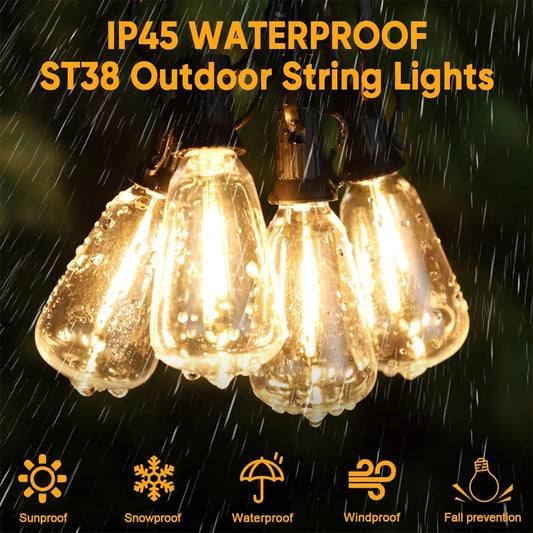 Outdoor Waterproof Solar String Lights with Shatterproof ST38 Bulbs