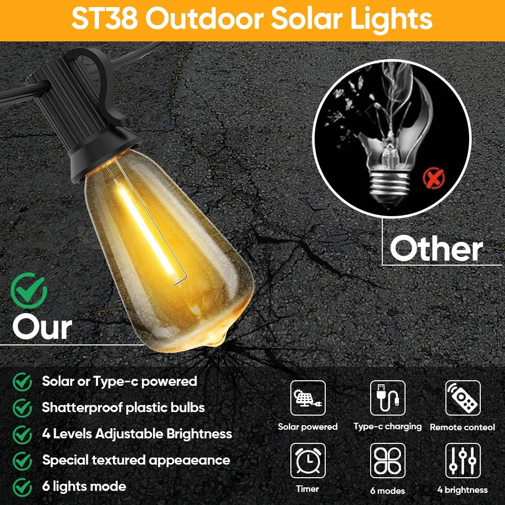 Outdoor Waterproof Solar String Lights with Shatterproof ST38 Bulbs