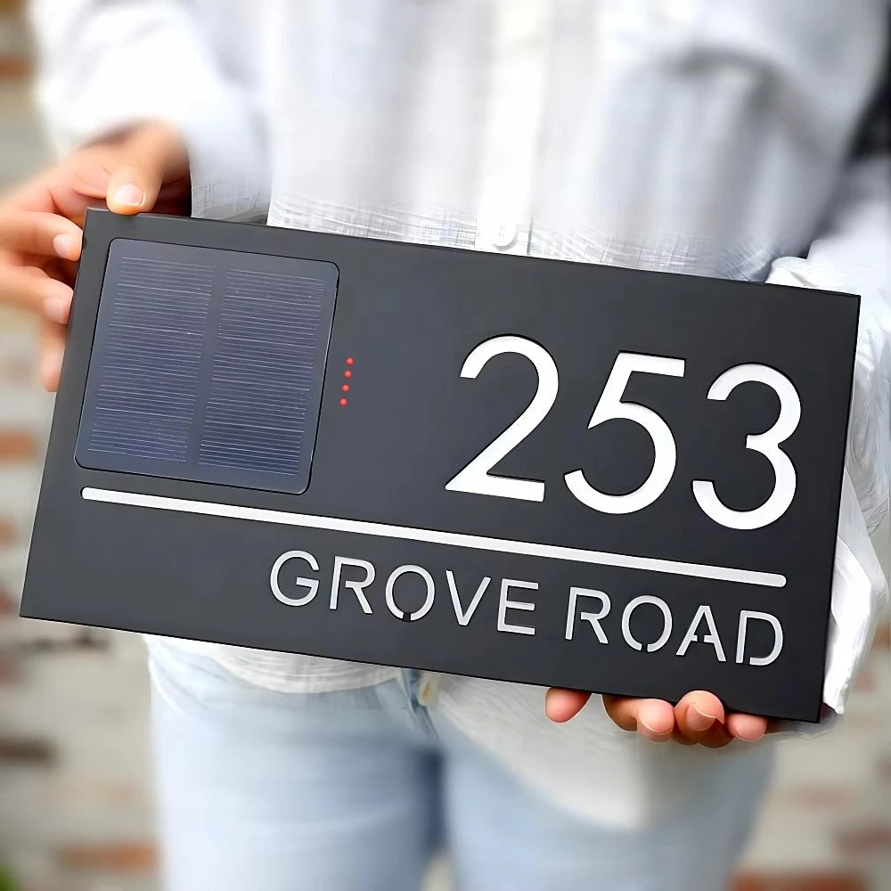 Personalized LED Solar House Number & Street Name Plate - Outdoor 3D Laser Cut Door Sign with Remote Control