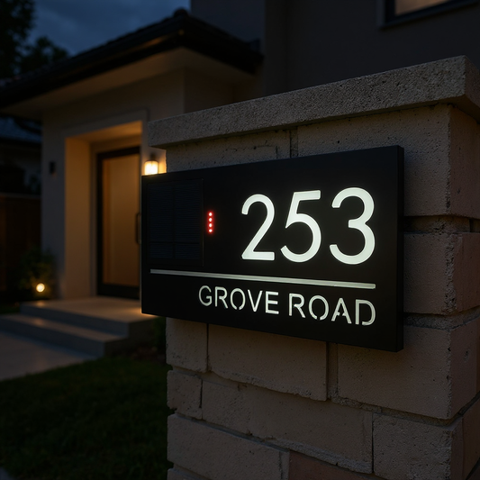 Personalized LED Solar House Number & Street Name Plate - Outdoor 3D Laser Cut Door Sign with Remote Control