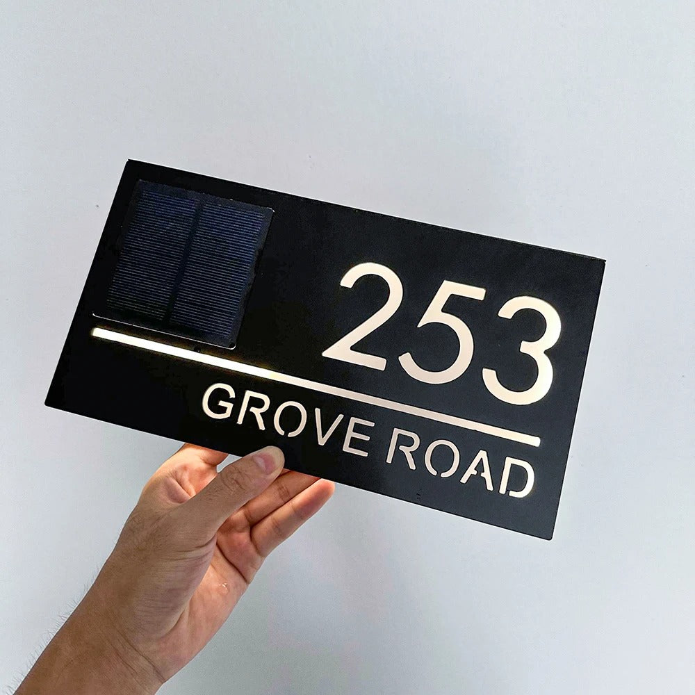 Personalized LED Solar House Number & Street Name Plate - Outdoor 3D Laser Cut Door Sign with Remote Control