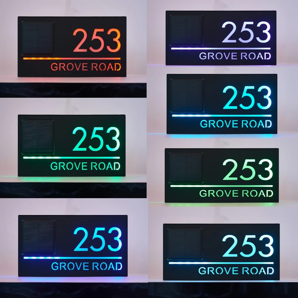 Personalized LED Solar House Number & Street Name Plate - Outdoor 3D Laser Cut Door Sign with Remote Control