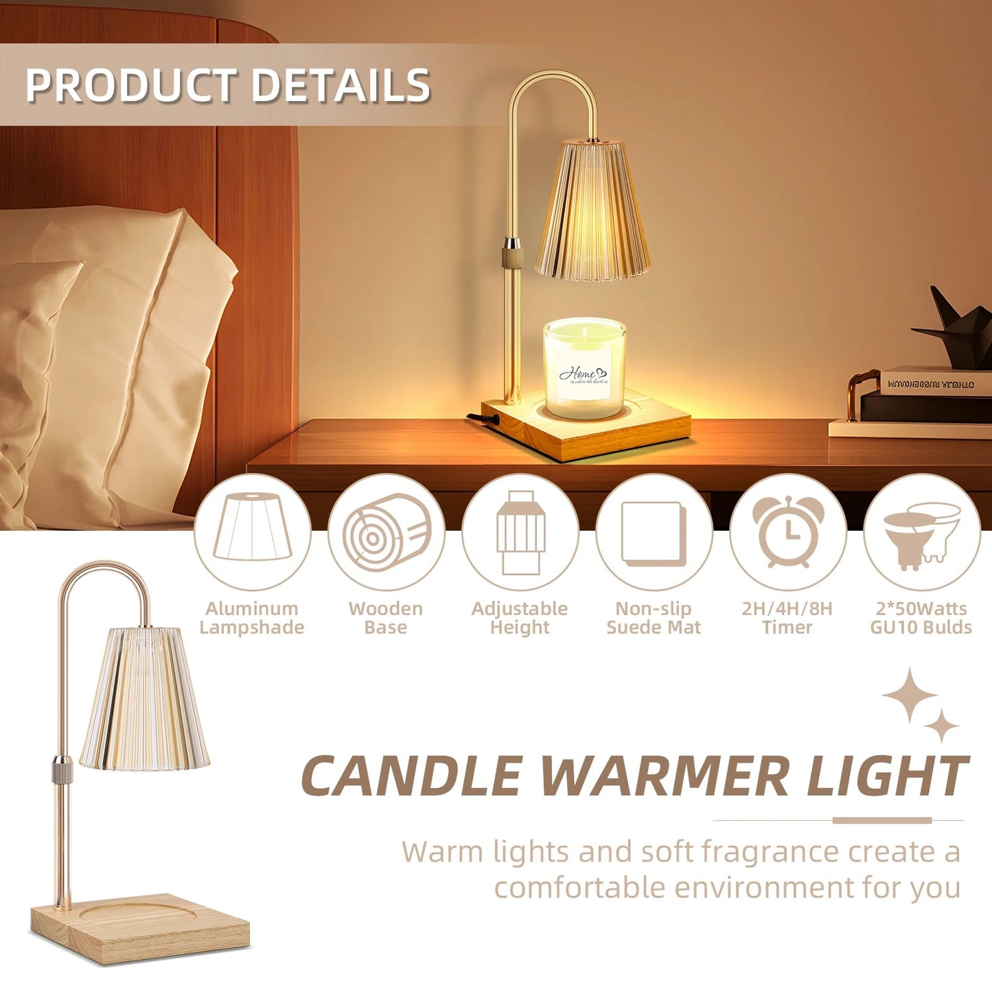 Premium Candle Warmer Light, Dimmable & Adjustable Height & Timer, Rose Gold, 2x50W GU10 Bulbs