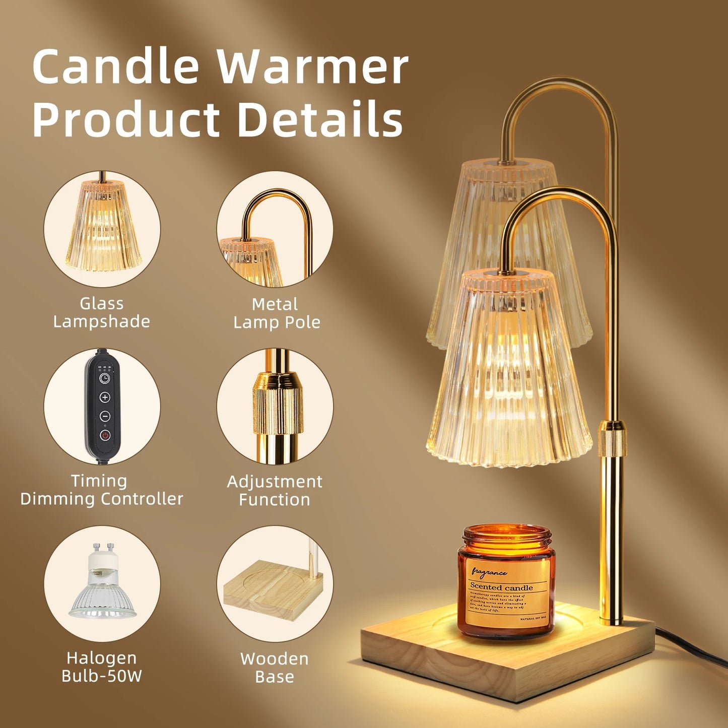 Premium Candle Warmer Light, Dimmable & Adjustable Height & Timer, Rose Gold, 2x50W GU10 Bulbs