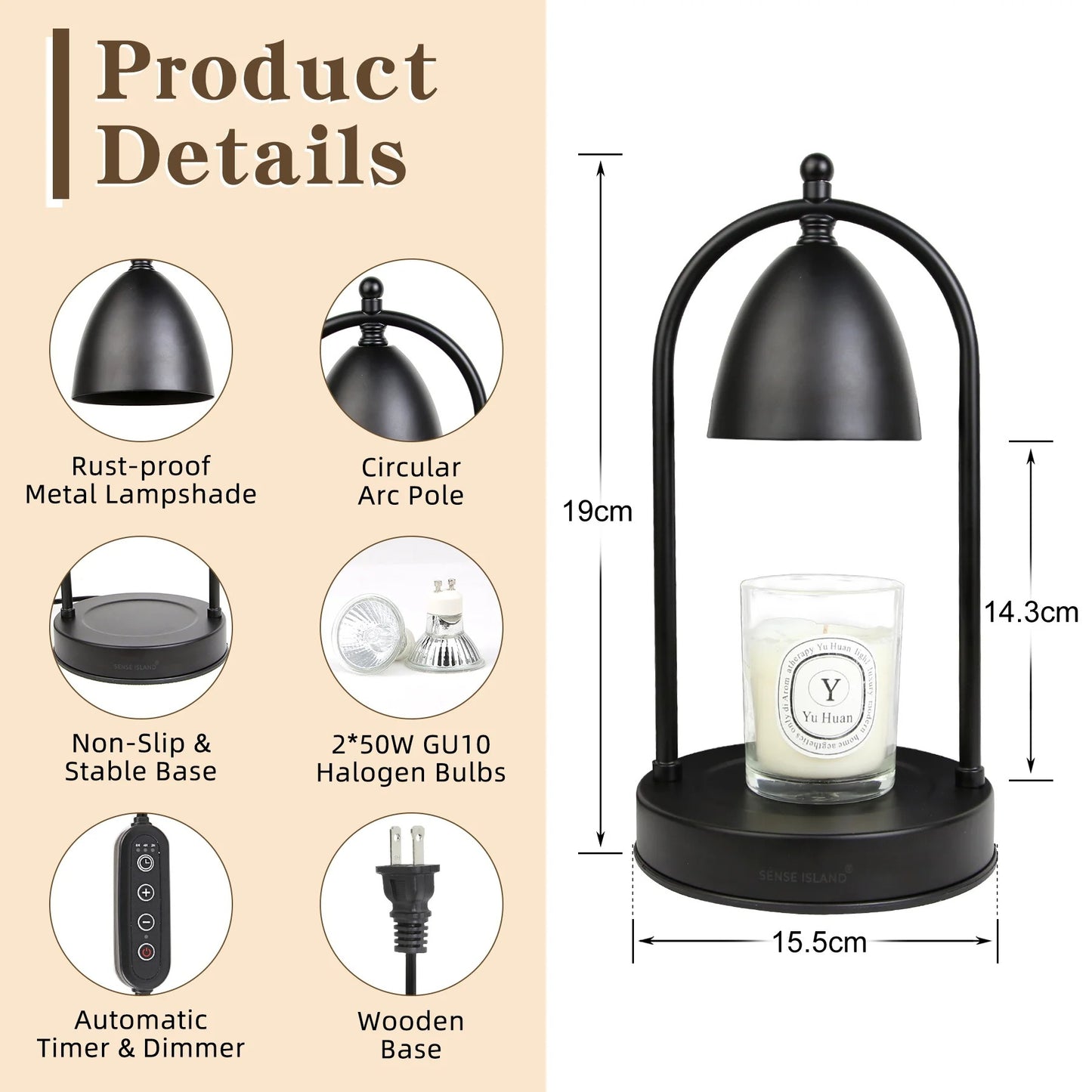 Premium Candle Warmer Light, Dimmable & Adjustable Height & Timer, Rose Gold, 2x50W GU10 Bulbs