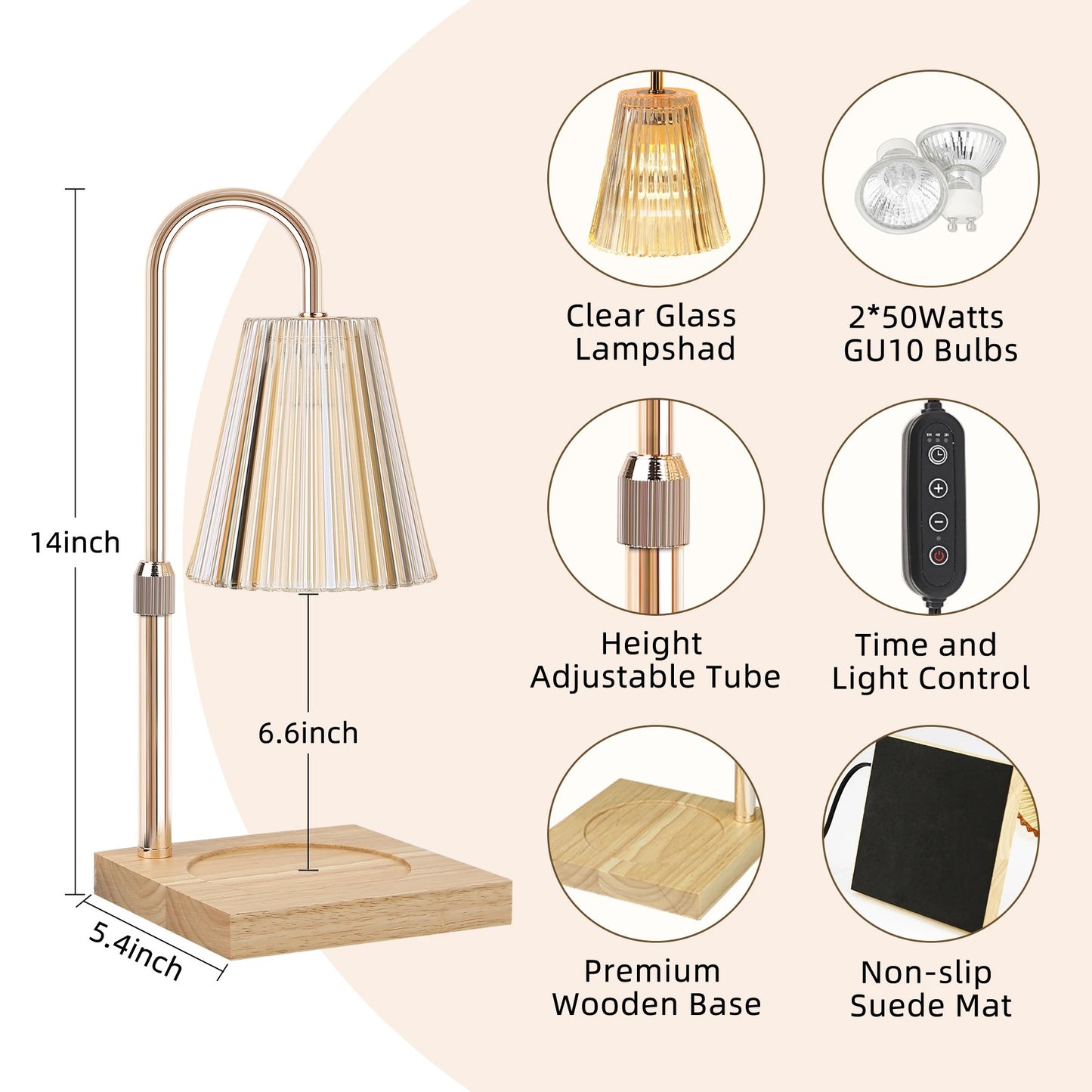 Premium Candle Warmer Light, Dimmable & Adjustable Height & Timer, Rose Gold, 2x50W GU10 Bulbs
