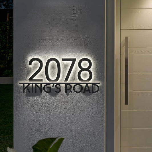 Stainless Steel LED Custom House Number & Address Sign - Modern Waterproof Neon Backlight for Stylish Outdoor Display