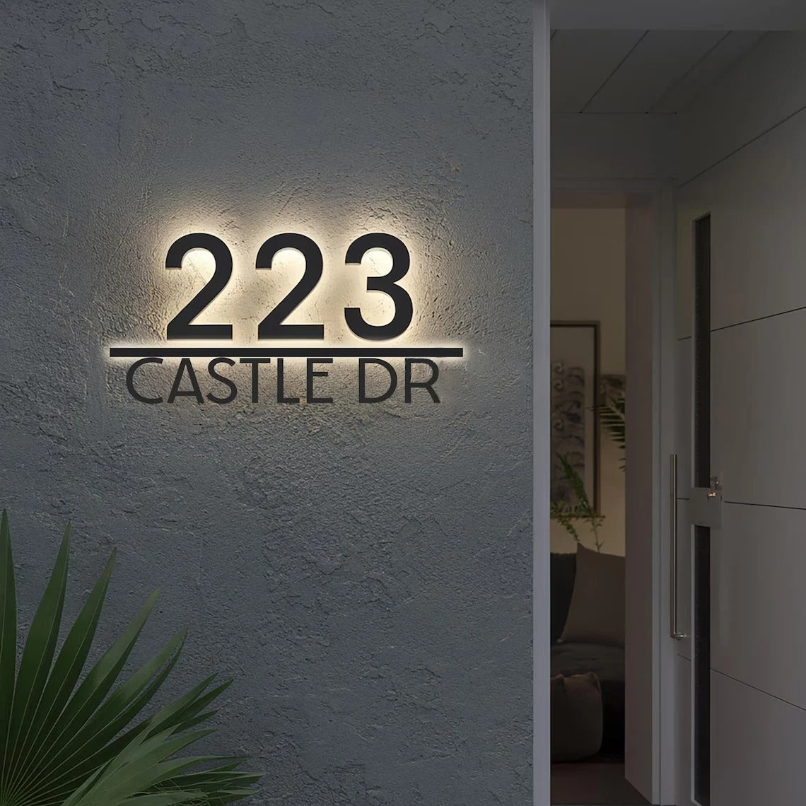 Stainless Steel LED Custom House Number & Address Sign - Modern Waterproof Neon Backlight for Stylish Outdoor Display