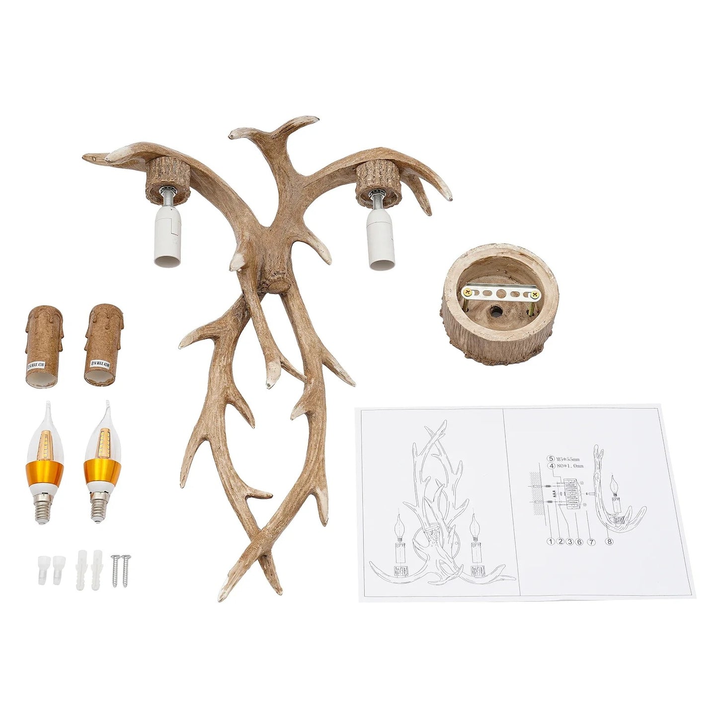 Retro Antler Wall Sconce - Wooden Feeling Resin Decorative LED Vintage Deer Light with E14 Bulb Base