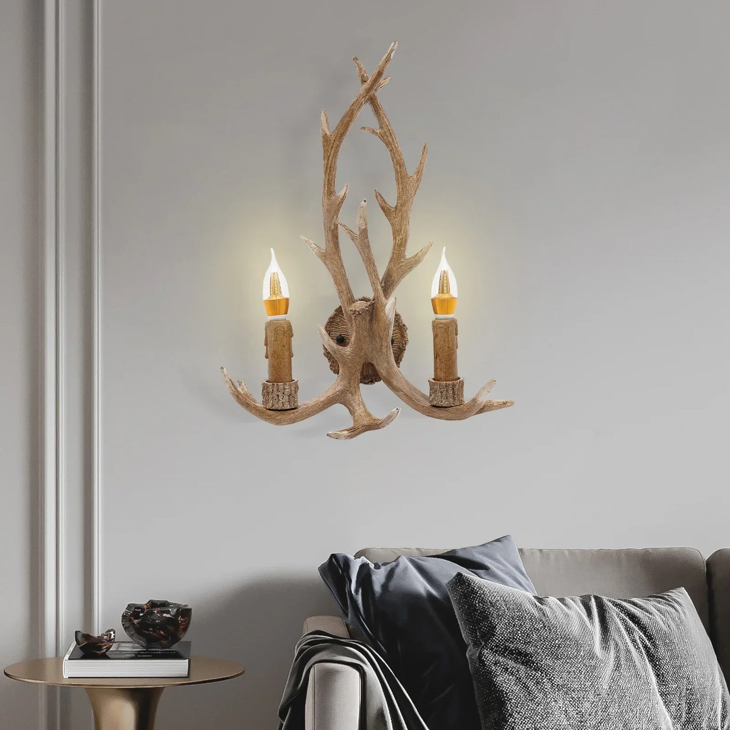 Retro Antler Wall Sconce - Wooden Feeling Resin Decorative LED Vintage Deer Light with E14 Bulb Base