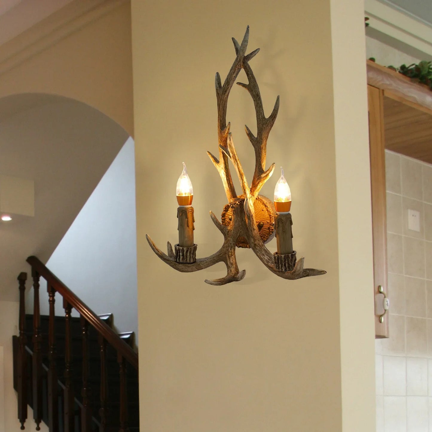 Retro Antler Wall Sconce - Wooden Feeling Resin Decorative LED Vintage Deer Light with E14 Bulb Base