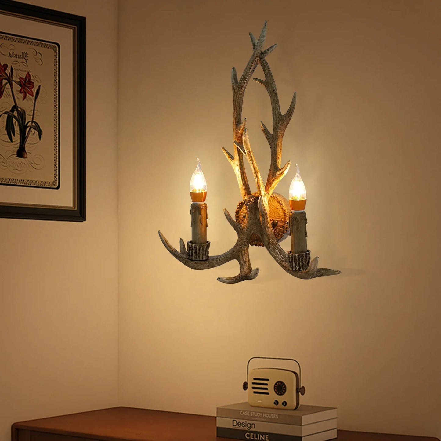 Retro Antler Wall Sconce - Wooden Feeling Resin Decorative LED Vintage Deer Light with E14 Bulb Base