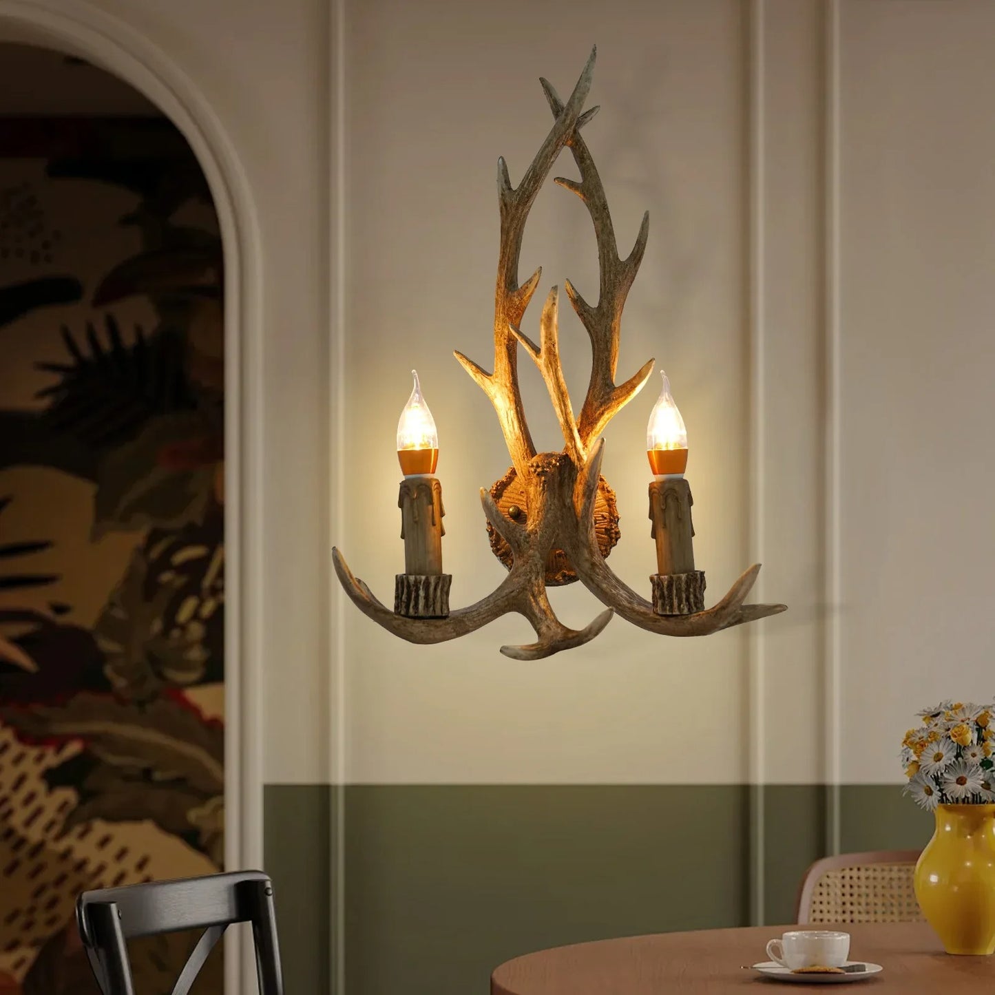 Retro Antler Wall Sconce - Wooden Feeling Resin Decorative LED Vintage Deer Light with E14 Bulb Base