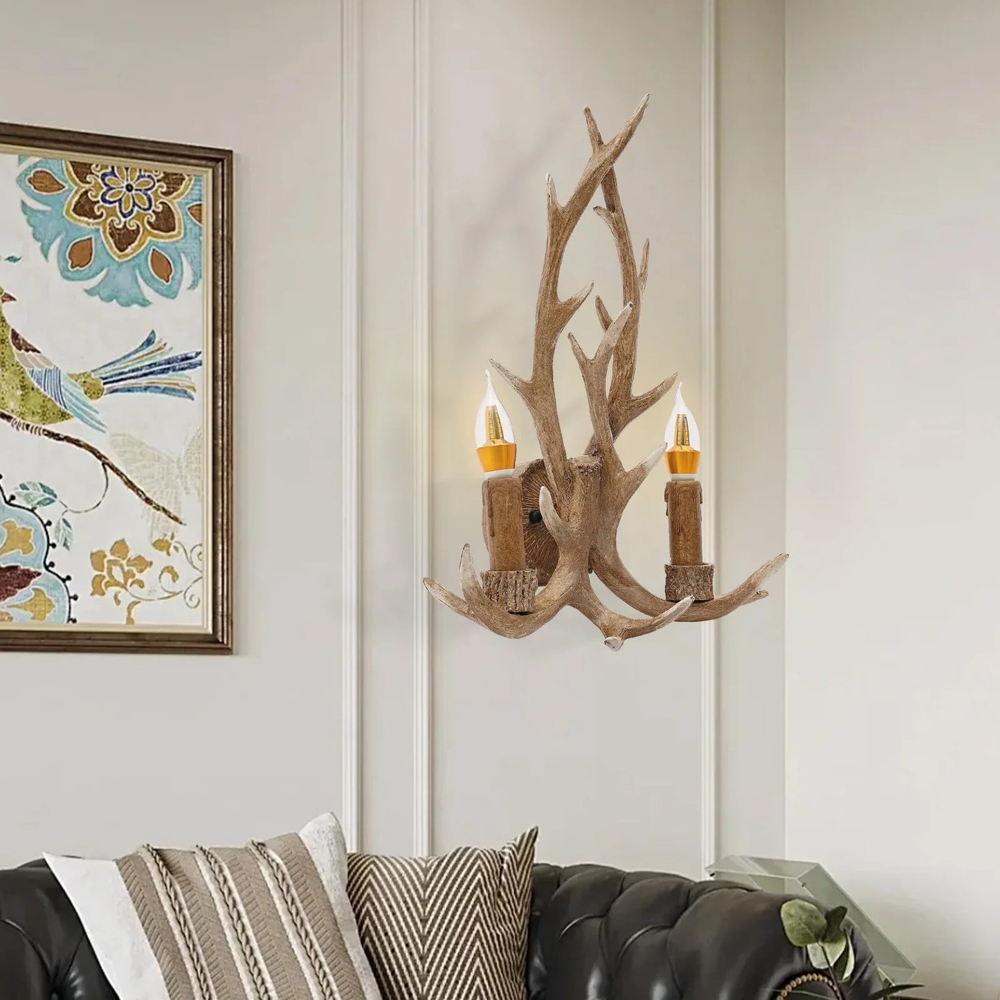 Retro Antler Wall Sconce - Wooden Feeling Resin Decorative LED Vintage Deer Light with E14 Bulb Base