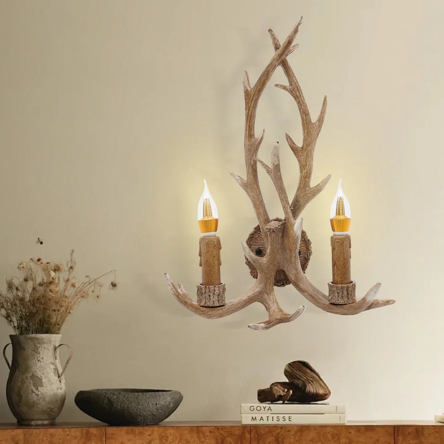 Retro Antler Wall Sconce - Wooden Feeling Resin Decorative LED Vintage Deer Light with E14 Bulb Base