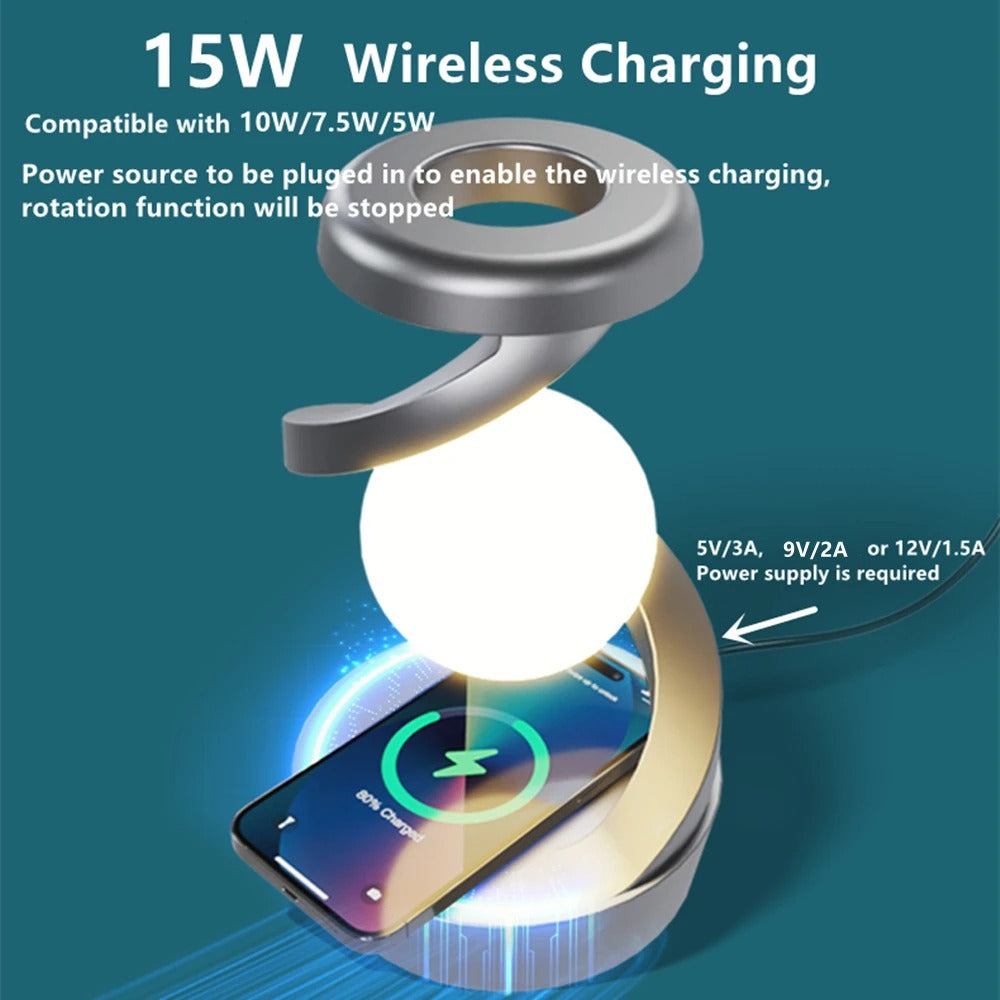 Rotating Floating Lamp with 15W Wireless Charger - RGB Creative Bedside Table Lamp & Night Light