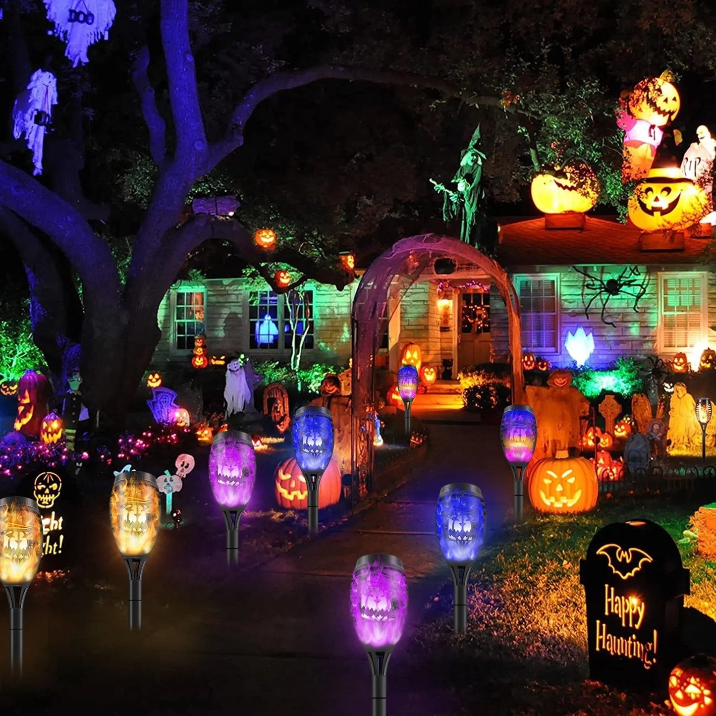 ShadowBrite - Solar Skull LED Flame Lights for Outdoor & Halloween Decor
