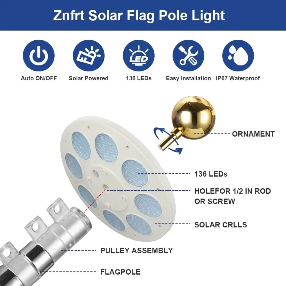 ShineBright - 136 LED Solar Flag Pole Light Outdoor Waterproof