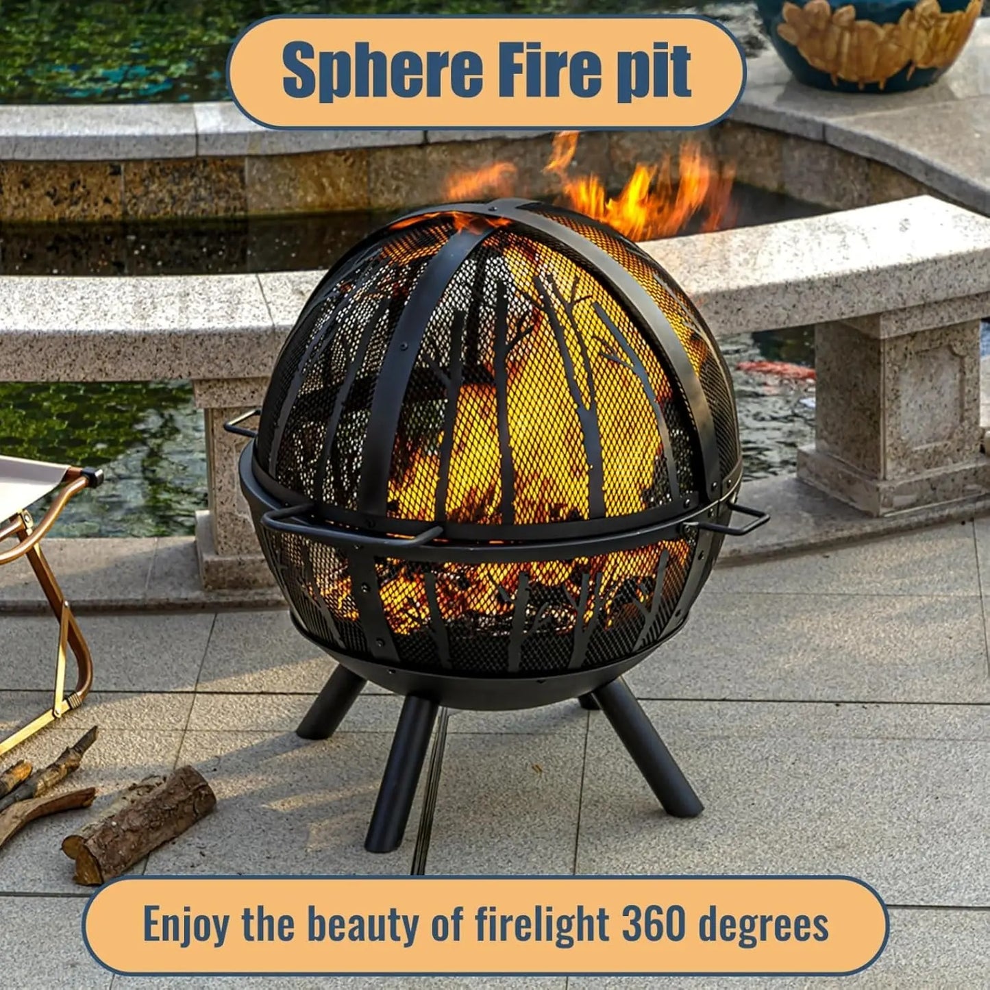 Sunflame - 35-Inch Outdoor Wood Burning Fire Pit with BBQ Grill & Spark Screen
