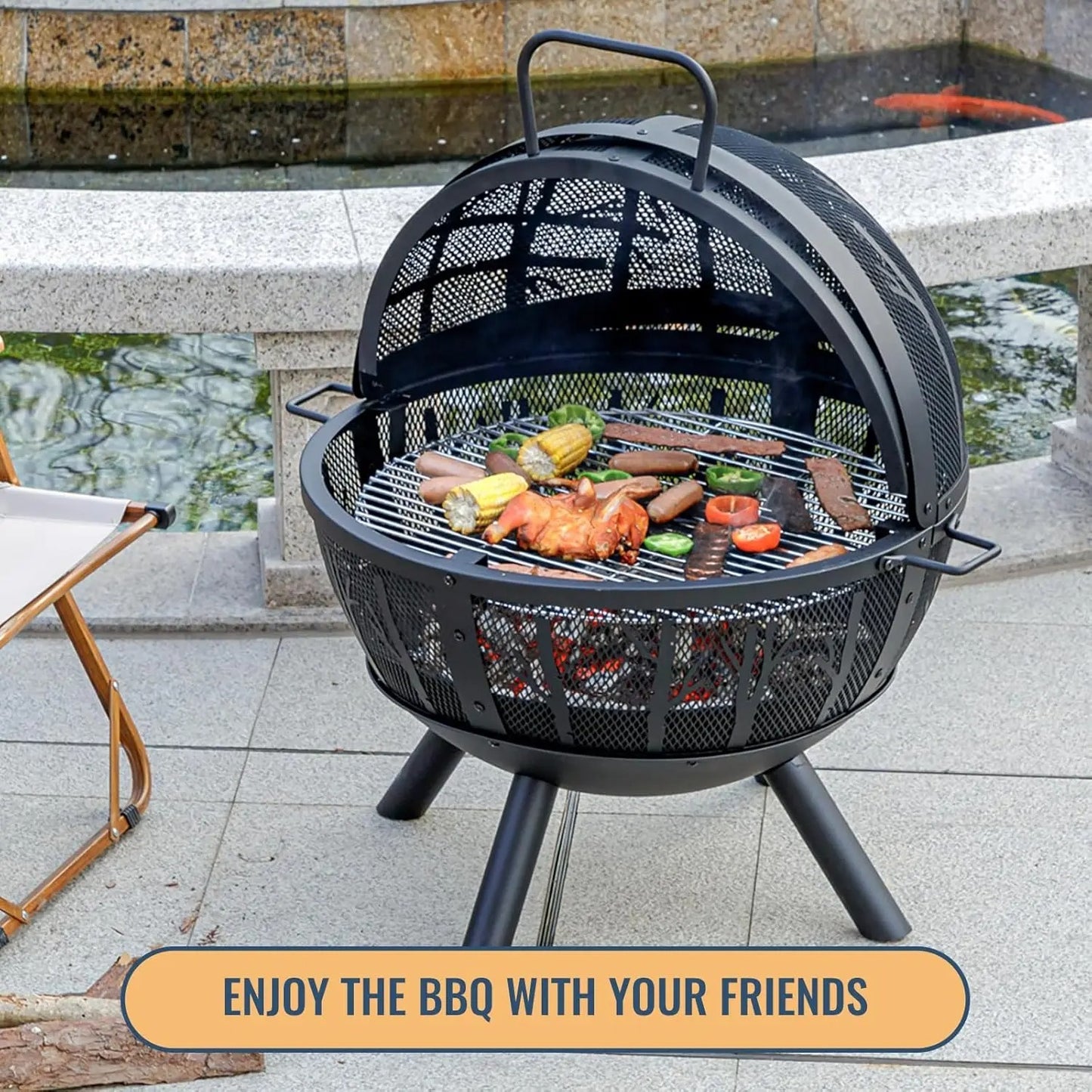 Sunflame - 35-Inch Outdoor Wood Burning Fire Pit with BBQ Grill & Spark Screen