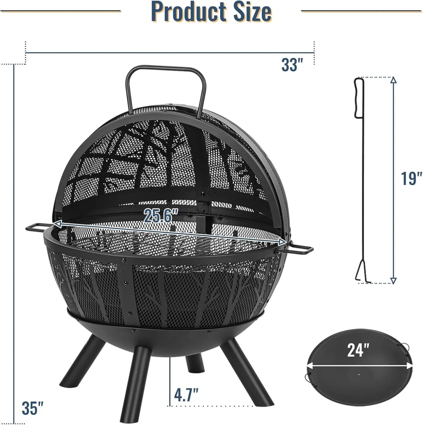 Sunflame - 35-Inch Outdoor Wood Burning Fire Pit with BBQ Grill & Spark Screen