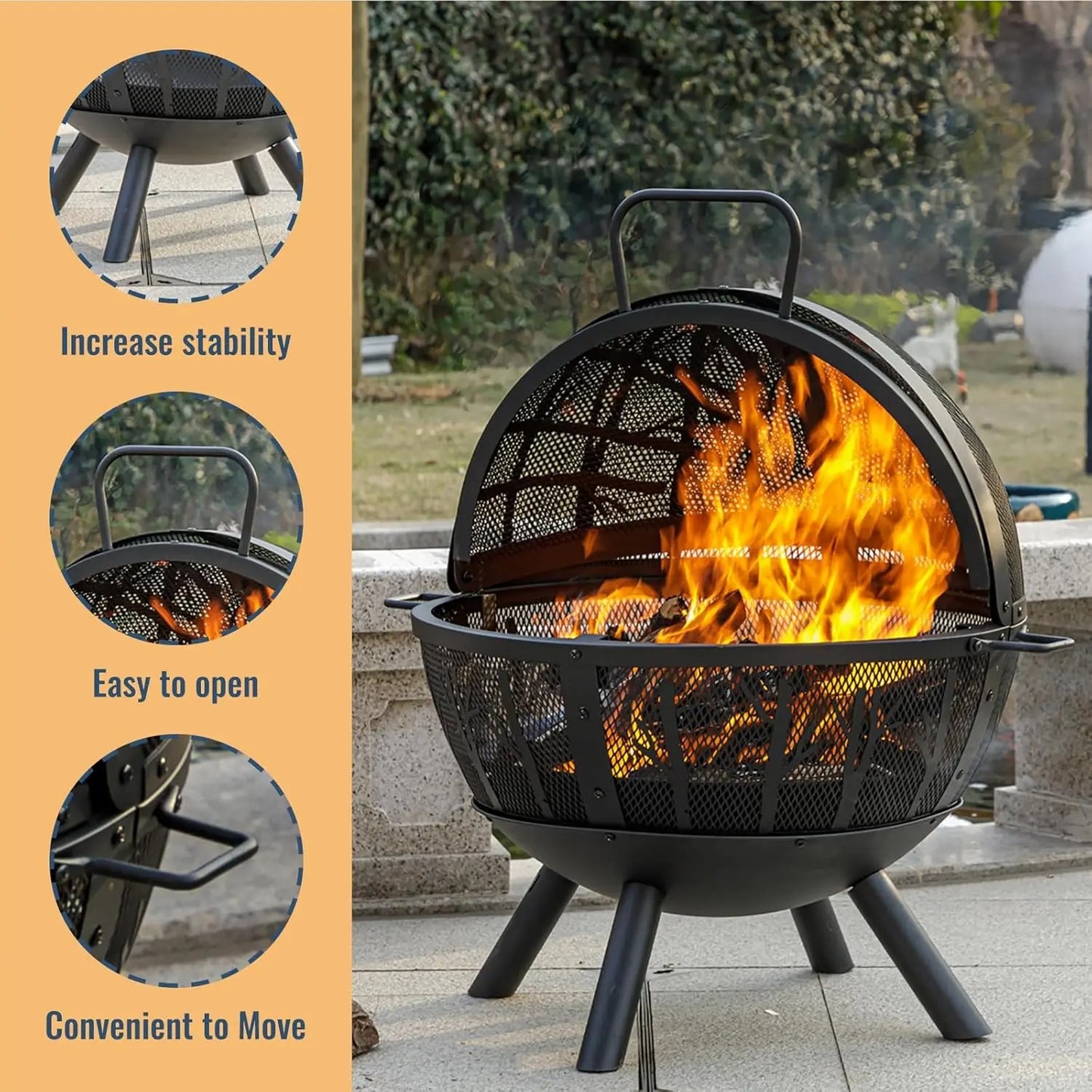Sunflame - 35-Inch Outdoor Wood Burning Fire Pit with BBQ Grill & Spark Screen