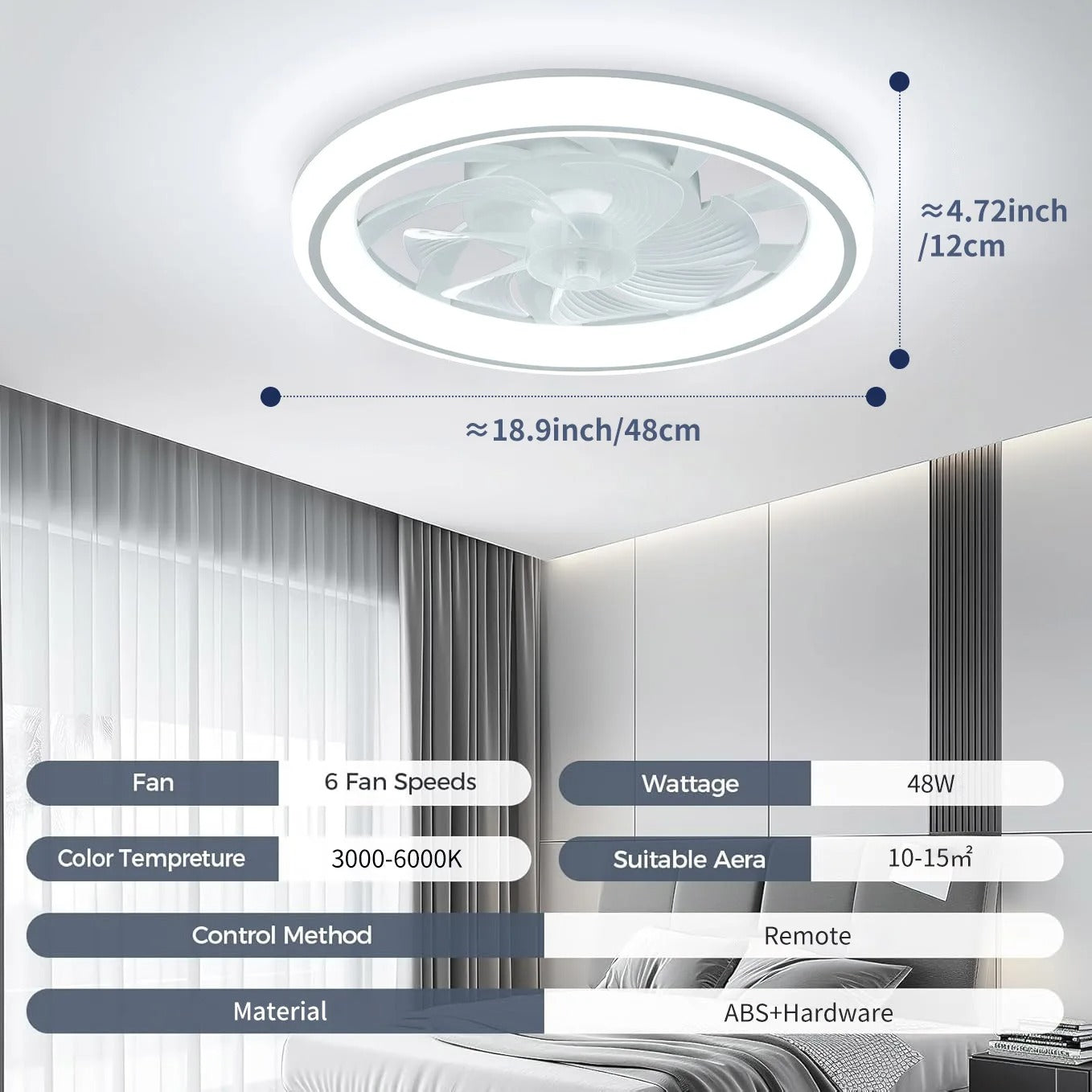 AeroBreeze - 48cm Silent Ceiling Fan Light with Remote & Dimming