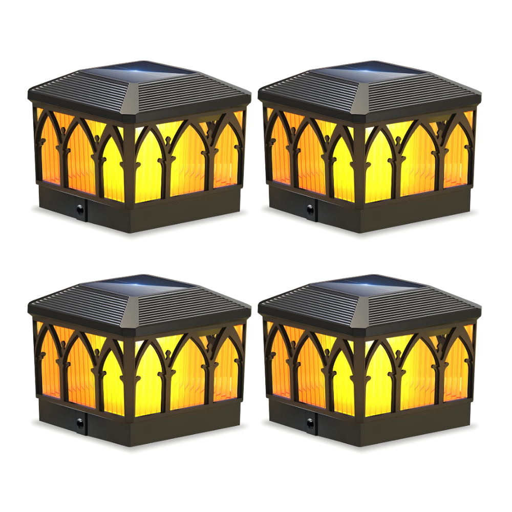 4x4 Solar Flame Post Cap Lights - Waterproof Outdoor Flickering LED Fence Deck Lamp