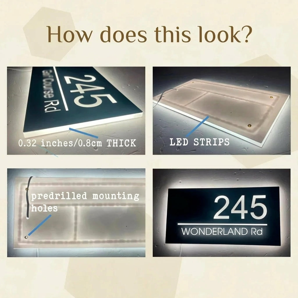 Minimalist Personalized Stainless Steel Backlit House Number Sign - Waterproof