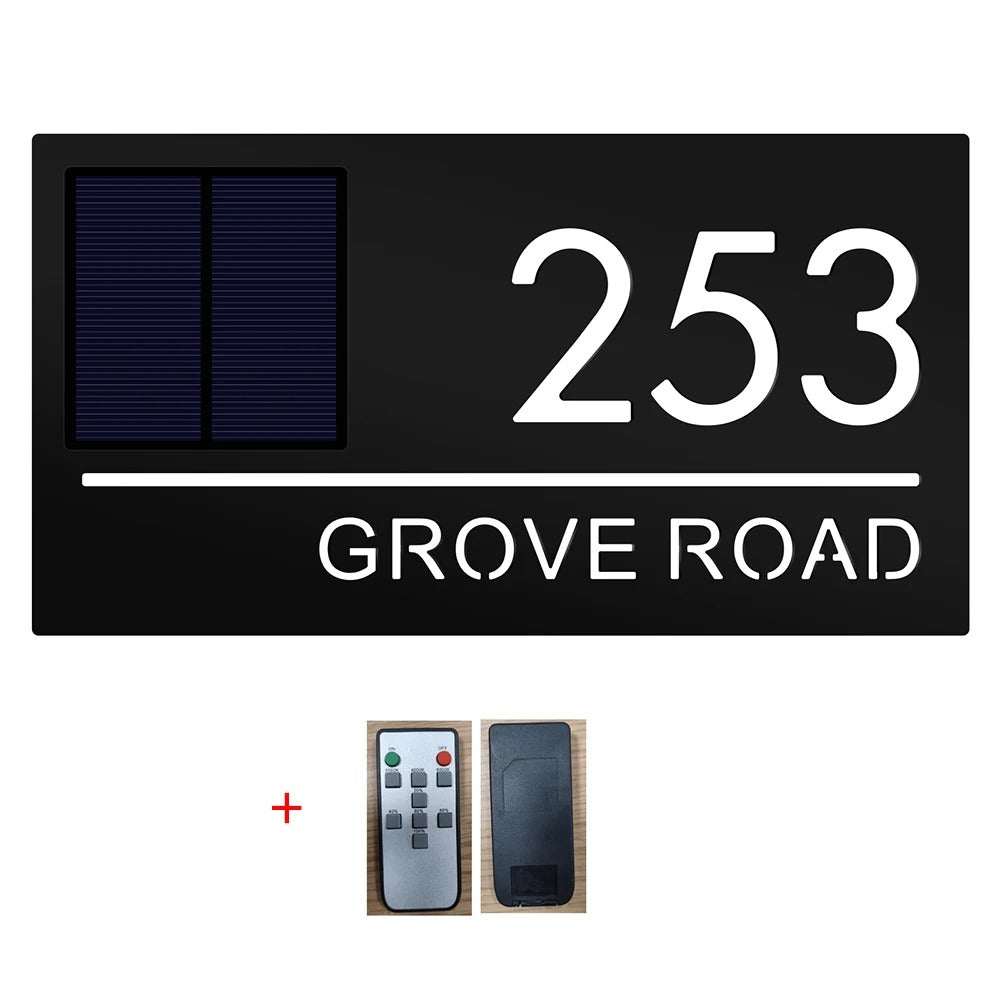 Personalized LED Solar House Number & Street Name Plate - Outdoor 3D Laser Cut Door Sign with Remote Control