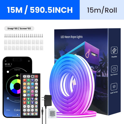 Smart RGB Neon LED Rope Lights - Flexible Strip with APP & Remote Control for Ambiance Lighting