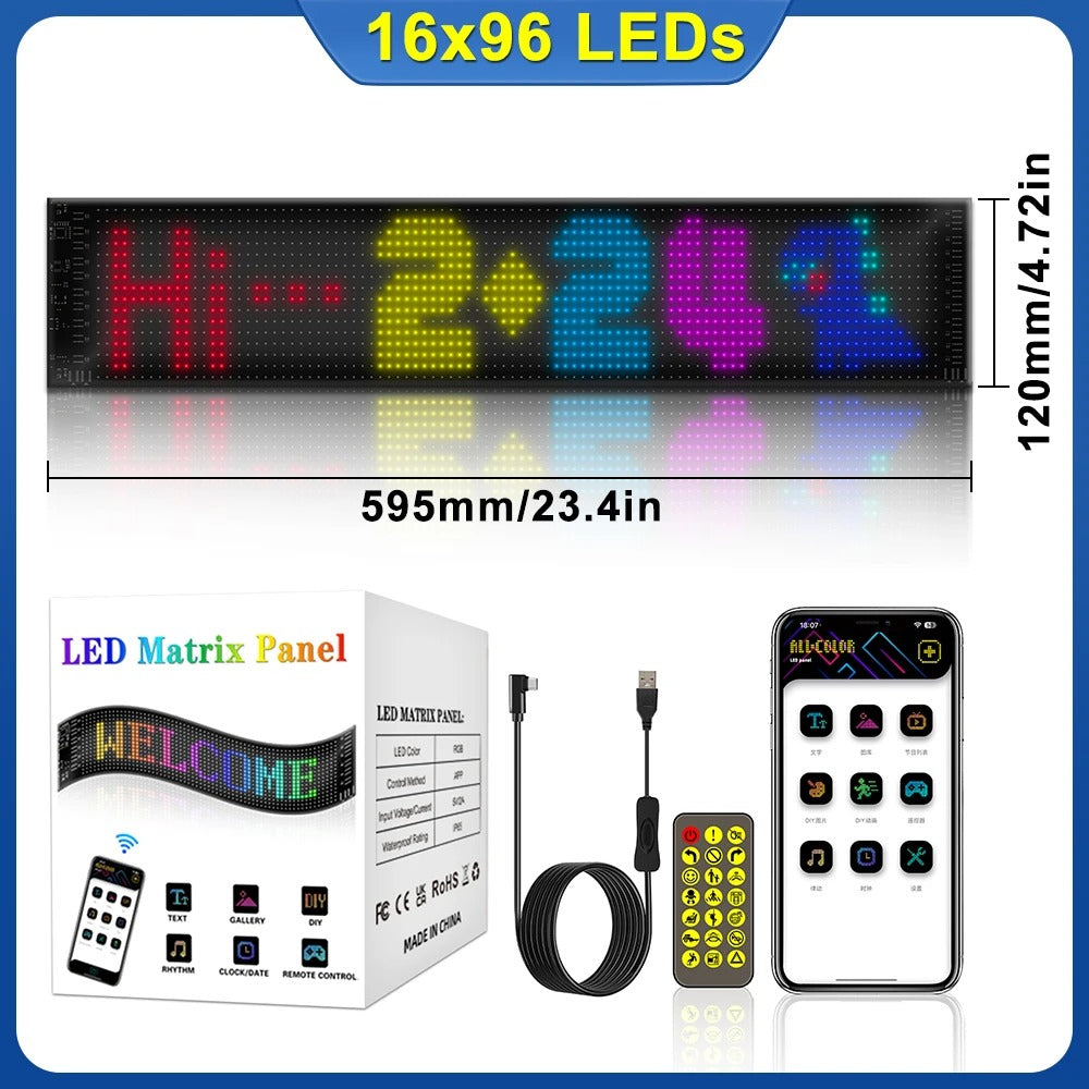 Customizable Car LED Sign - Flexible RGB Display with Bluetooth App Control, DIY Programmable Message Screen