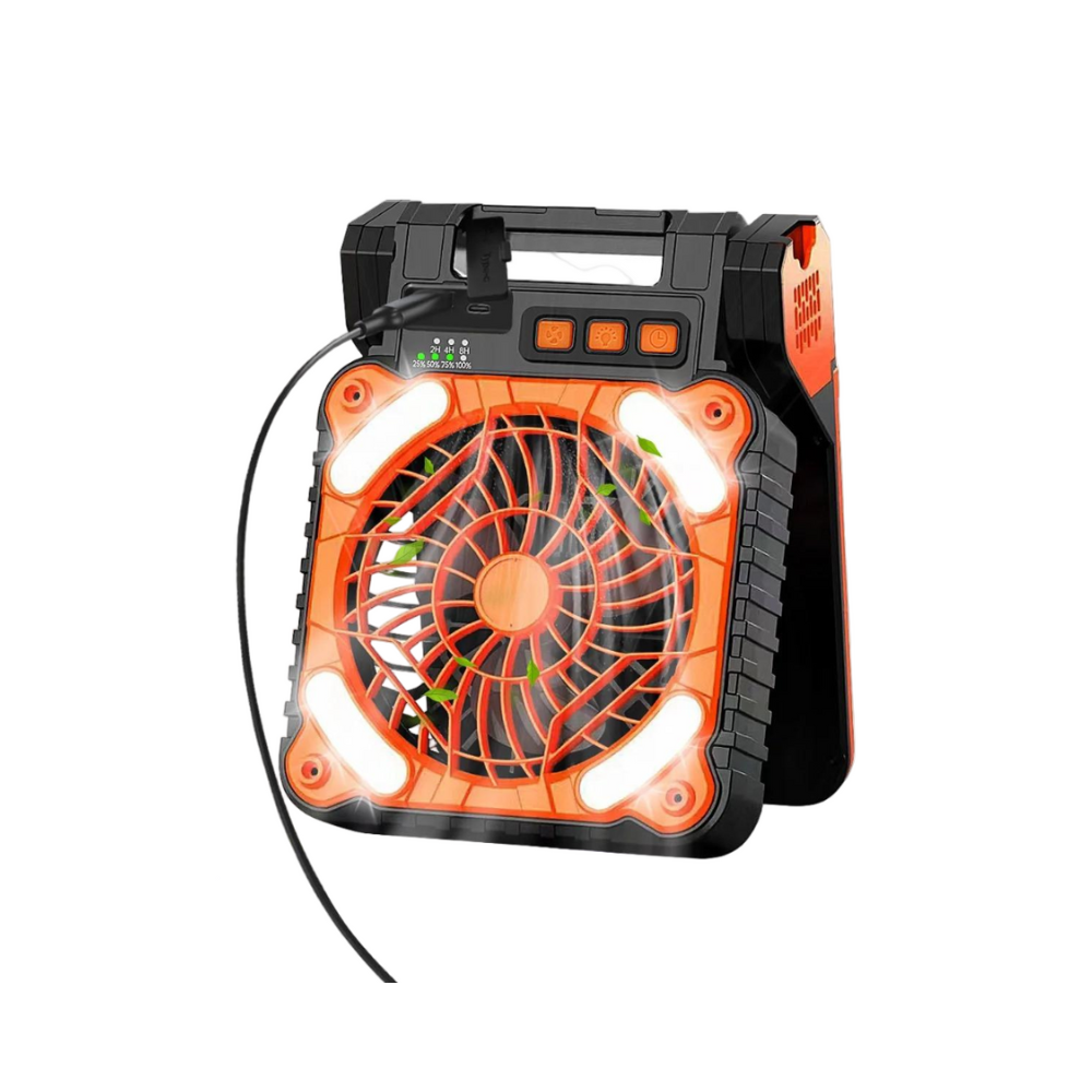 Multifunctional Solar Fan, Portable Rechargeable Fan with LED Light & Power Bank USB-C Charging for Outdoor